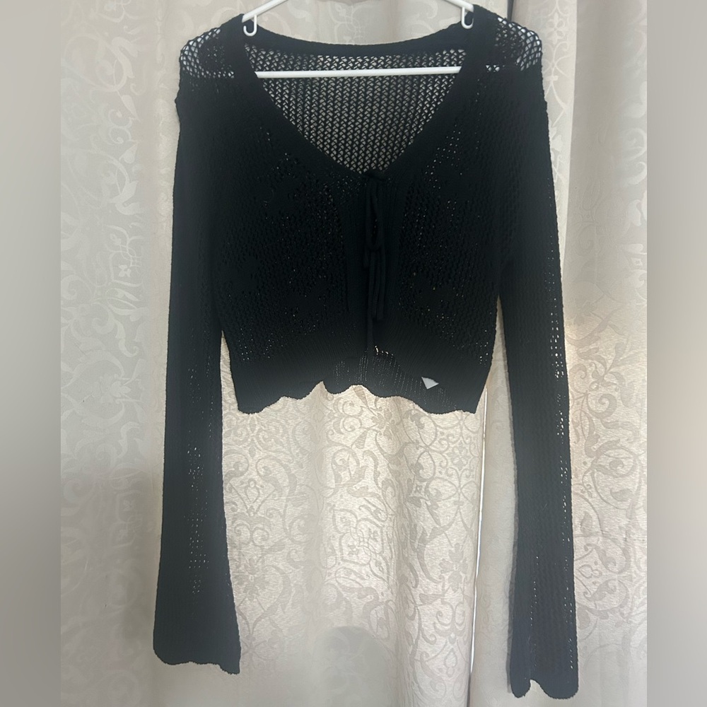 Cider Butterfly Knit Tie Front Sweater Black Cropped Top Size XS